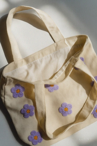 Mor Papatya Nakış İşlemeli Keten Çanta