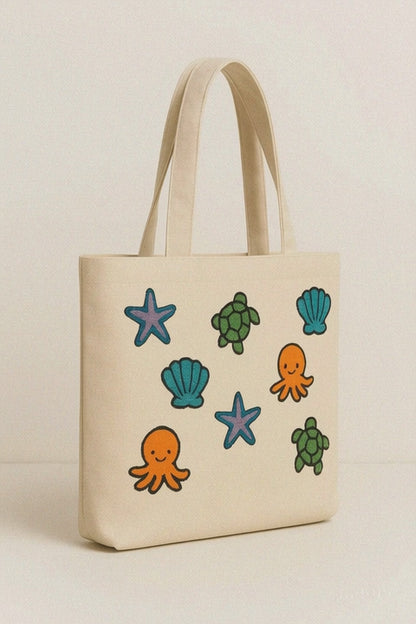 Karışık Deniz Yıldız Ahtapot Nakış İşlemeli Keten Çanta