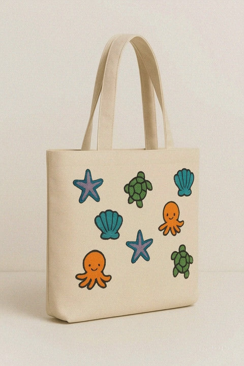 Karışık Deniz Yıldız Ahtapot Nakış İşlemeli Keten Çanta