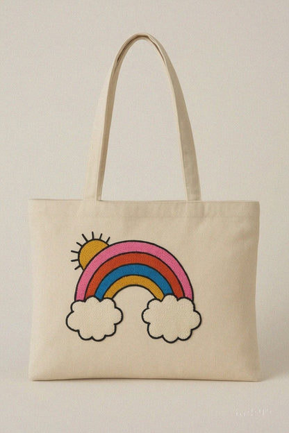 Gökkuşağı Bulut Güneş Nakış İşlemeli Keten Çanta