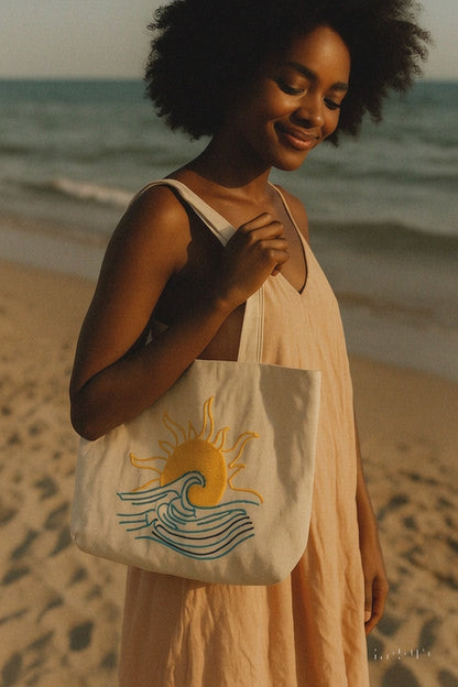 Dalga Güneş Nakış İşlemeli Keten Çanta