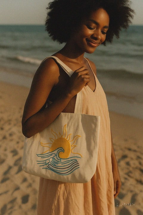 Dalga Güneş Nakış İşlemeli Keten Çanta