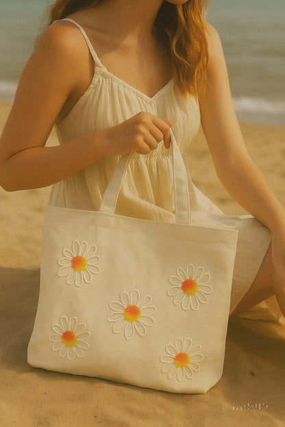 Turuncu Papatya Nakış İşlemeli Keten Çanta