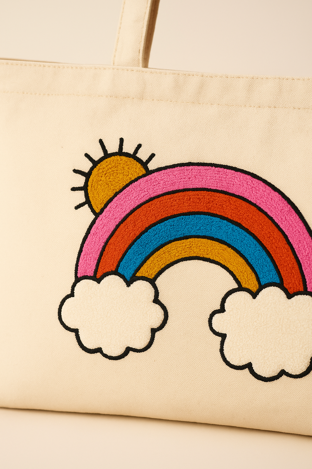 Gökkuşağı Bulut Güneş Nakış İşlemeli Keten Çanta