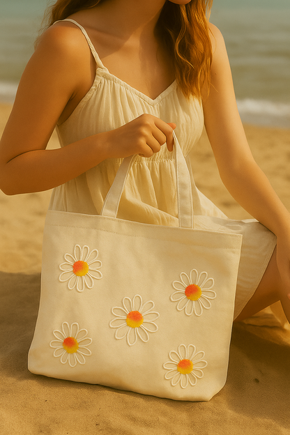 Turuncu Papatya Nakış İşlemeli Keten Çanta