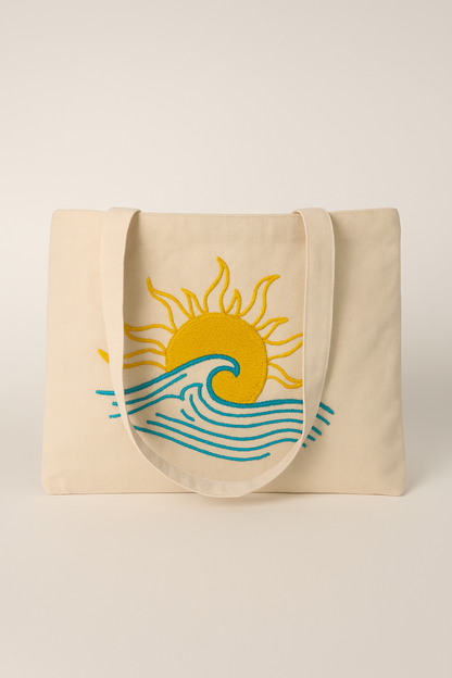 Dalga Güneş Nakış İşlemeli Keten Çanta