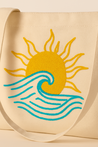Dalga Güneş Nakış İşlemeli Keten Çanta